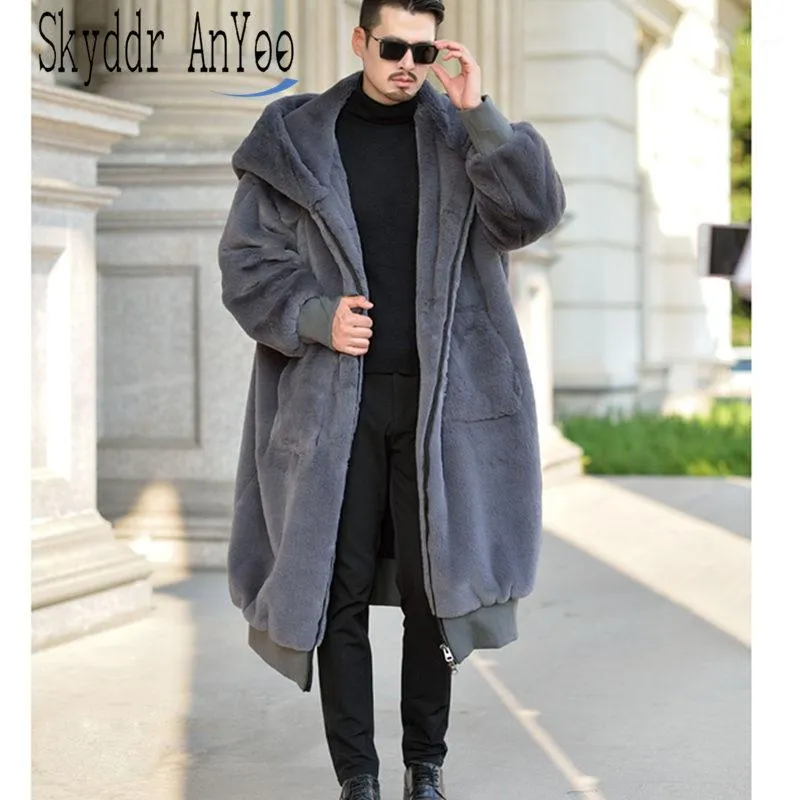 Oversized Winter Fur Coats Z Kapturem Mężczyźni Kobiety Faux Futro Długi Płaszcz Ciepły Zipper Luksusowy Kurtki Odzszeniczne Dorywczo Zimowe Skórzane Kurtki Robe1