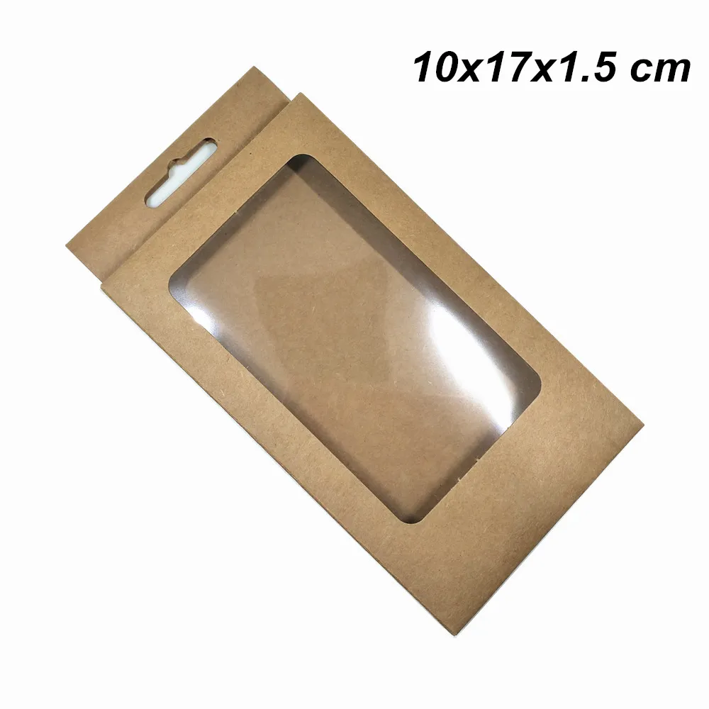 Marrone 10x17x1.5cm 20 pezzi / lotto Scatola pieghevole Kraft Involucro elettronico Foro per appendere Carta Kraft Custodia per cellulare Scatola antipolvere con finestra