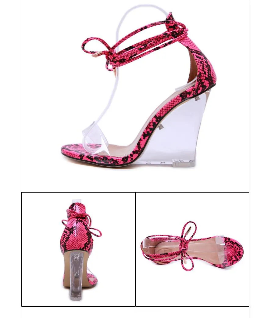 Maat 35 tot 40 met doos roze slangenkorrel bedrukte transparante designer sandalen Clear Heels dames platform wiggen hakken sandalen490466666