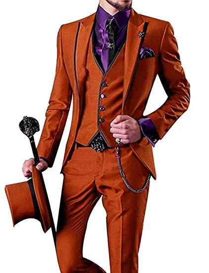 Smoking da sposo arancione alla moda con un bottone e risvolto a punta da uomo Groomsmen da uomo 3 pezzi Abiti (giacca + pantaloni + gilet + cravatta) K232