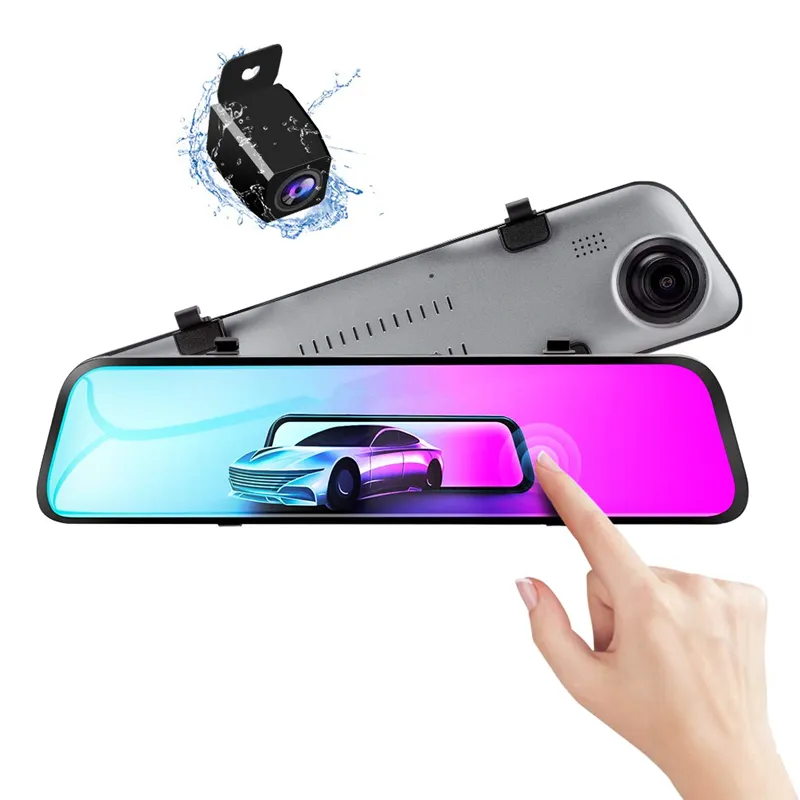 12 "Touch Screen Super Slim Stream Video Dashcam Car DVR digital backview Spegel 2.5D Glas 2K + 1080p Upplösning 170 ° + 140 ° Bredvidvinkel