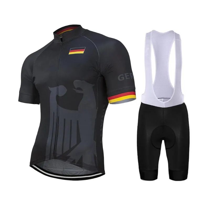 Alemanha Homens Verão Preto Ciclismo Jersey Set Bike Road Mountain Race Tops Bicycle Wear Ciclismo Set 9d Gel Respirável