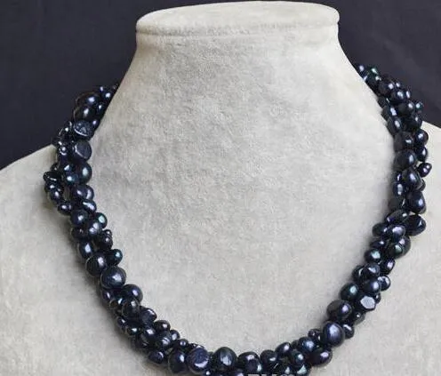 Bijoux en perles en gros, 3 rangées 18 pouces 6-9mm collier de perles d'eau douce naturelles baroques noires, cadeau d'anniversaire de mariage pour femmes