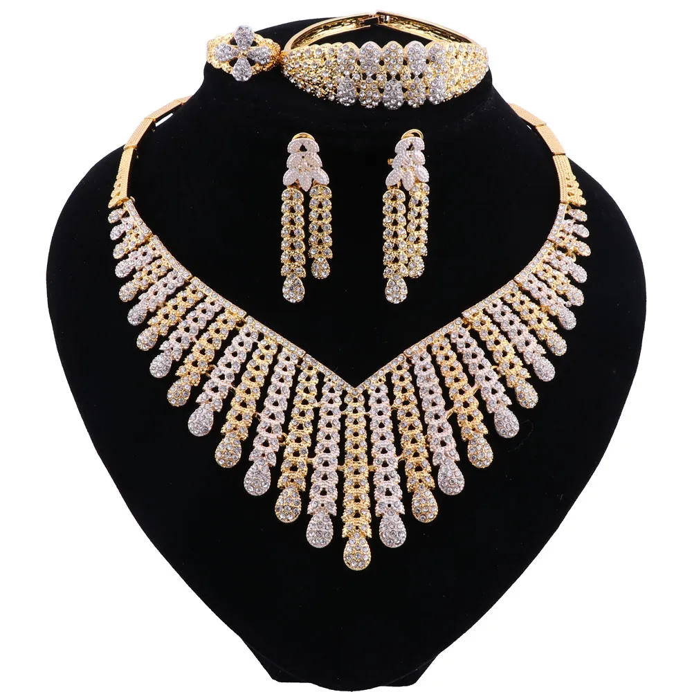 NEW Fashion Wedding Bridal Crystal Rhinestone Jewelry Sets African Beads Dubai Gold Color Statement Jewellery Costume