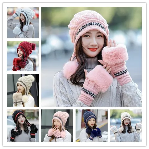 1 conjunto mulheres knit chapéu luvas conjuntos do crânio tampão casual pompom beanie terno de lãs inverno outdoor chapéu quente namorada natal presentes