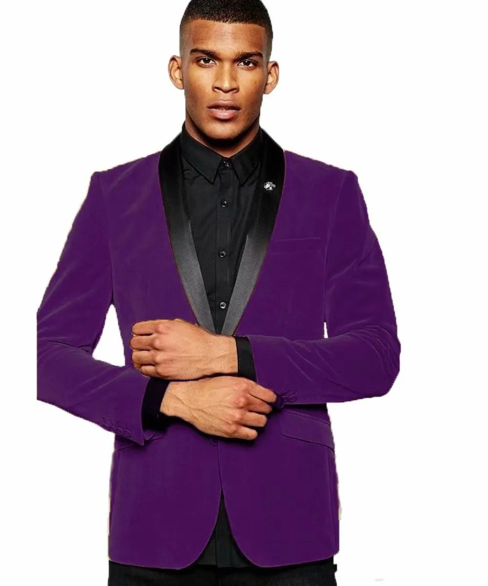 Brand New Fioletowy Velvet Groom Tuxedos Czarny Szal Lapel Groomsman Wesele 2 szt. Garnitur Moda Mężczyźni Prom Kurtka Blazer (Kurtka + Spodnie + Krawat) 86