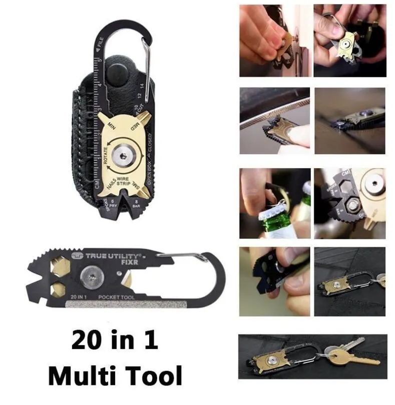 FIXR Outdoor Sport Draagbare Utility Pocket 20 in 1 Multifunctionele Moersleutel Schroevendraaier Opener EDC Survival Sleutelhanger Tool Groothandel HOTSELL