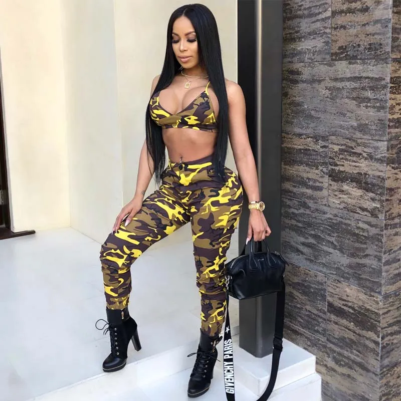 Women's Tracksuits Camouflage 2 Piece Set Women Two Outfits Bra Crop Tops Button Zip Skinny Long Pants Ladies Suit Sexy Club Clothing