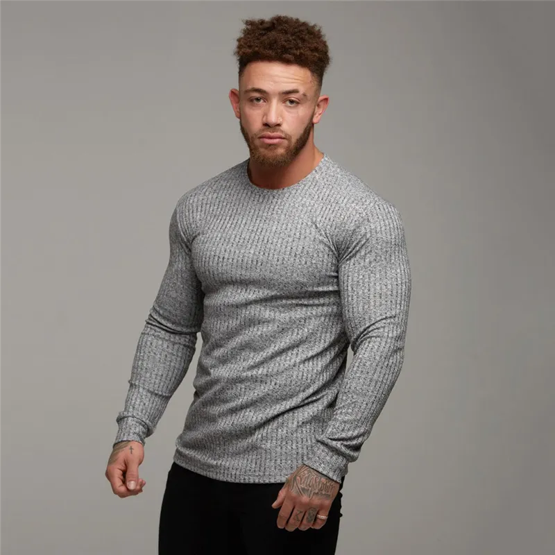 Camiseta De Moda De Otono 2019 Para Hombre Sueter Con Cuello Redondo Prendas De Punto Ajustadas Jerseis De Manga Larga Para Hombre Camisetas Para Hombre Fitness Pull Homme De 19 05 DHgate