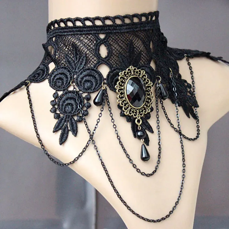 OHYER Sautoir Pendentif Rouge Lolita Gothique - Collier Ras Du Cou Dentelle Noire Avec Gland, Accessoire Halloween Costume