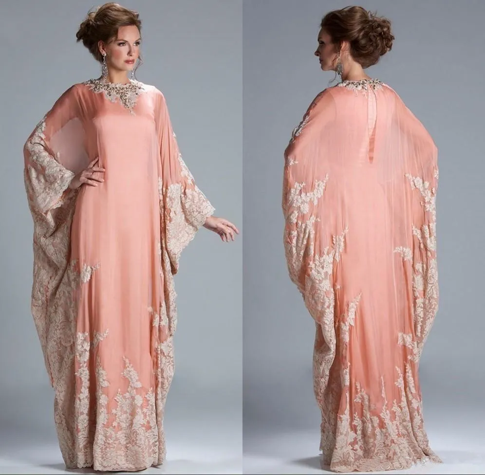 2019 Nowy Szyfonowy Kaftan Dubai Arabian Evening Sukienka Długie Rękawy Aplikacje Koronki Muzułmańska Matka Bride Suknie Plus Size W1