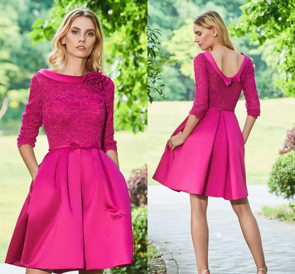 Vestidos de dama de honra de curto-rosa quente com bolsos lace meia mangas sem encosto cetim uma linha homecoming vestido de formatura de baile