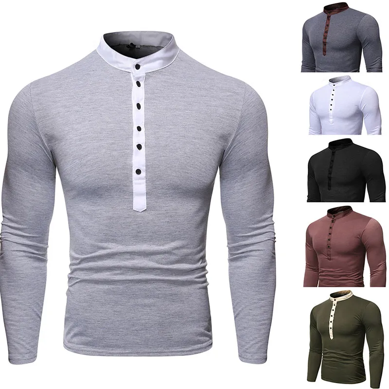 2019 Męskie koszulki Koszulki męskie Henley Button Koszula Z Długim Rękawem Stylowe Slim Fit Teetops Casual T-shirt Mężczyźni Outwears Moda Design Ubrania Nowy