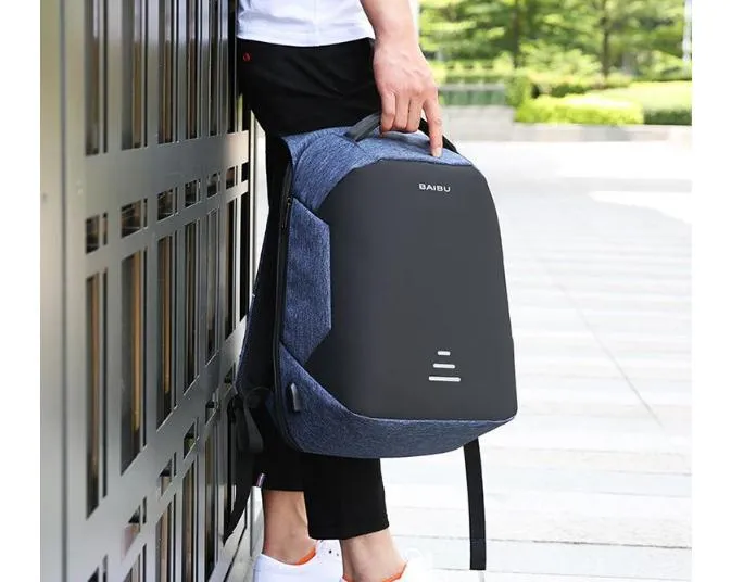 BAIBU Anti theft Waterproof USB Charging Laptop Backpack for School Travel Oxford Geometric Pattern Unisex Black