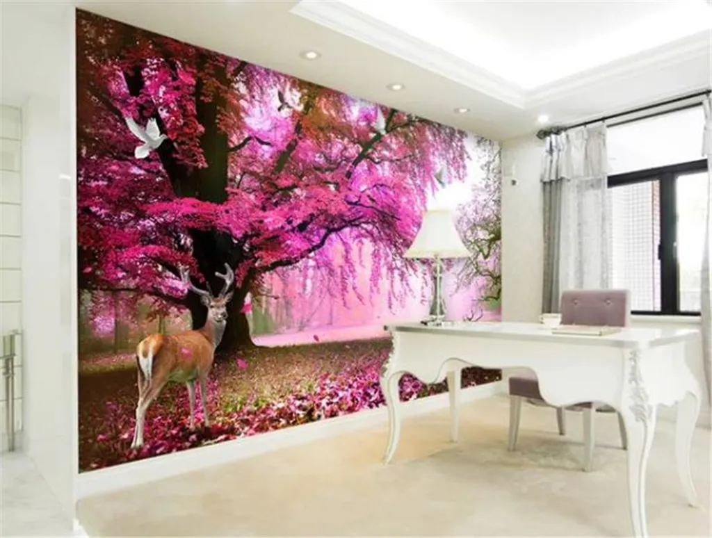 Özel 3D Duvar Kağıdı Rüya Kiraz Ağacı, Büyük Ağaç, Sika Geyik Oturma Odası Yatak Odası Arka Plan Duvar Dekorasyon Duvar Kağıdı