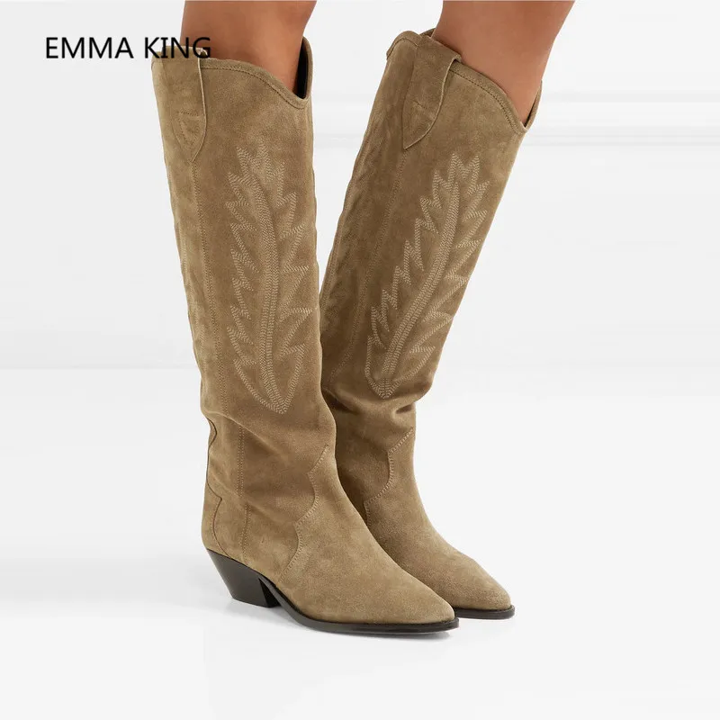 Hot Sale New Nude Black Suede Embroidered Knee High Knight Boots