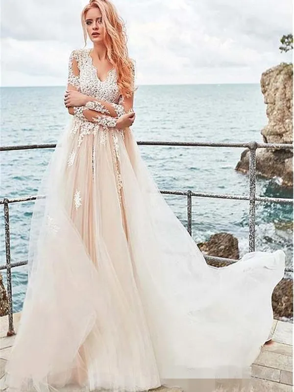 Long Sleeve V Neck Scalloped Lace Applique Beach Wedding Dress with Covered  Button Back Plus Size from Dhgate A-Line Wedding Dresses - price 331.29