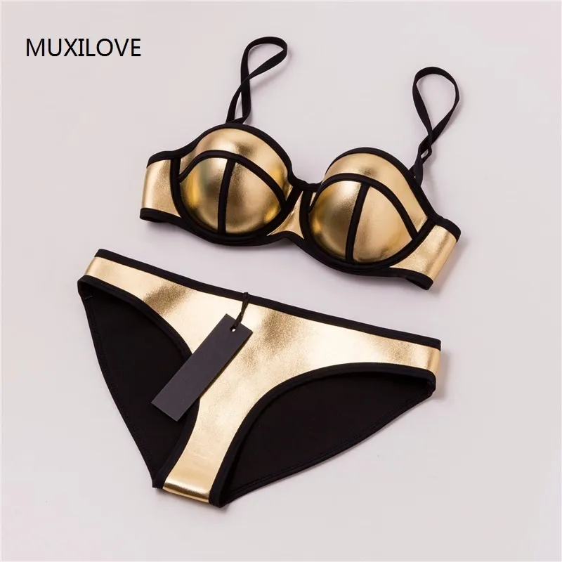 Muxilove 100% Neoprenowe Lato Wyściełane Push Up Set Bikini Kobiety Seksowny Strój Kąpielowy Stroje Kąpielowe Kostium kąpielowy Biquini Swim Siatek Gold Silver Y19062801