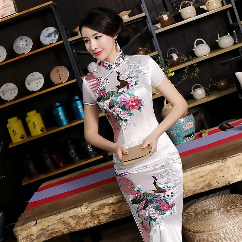 Elegant Long Qipao Dress Slim Chinese Style Cheongsam for Summer