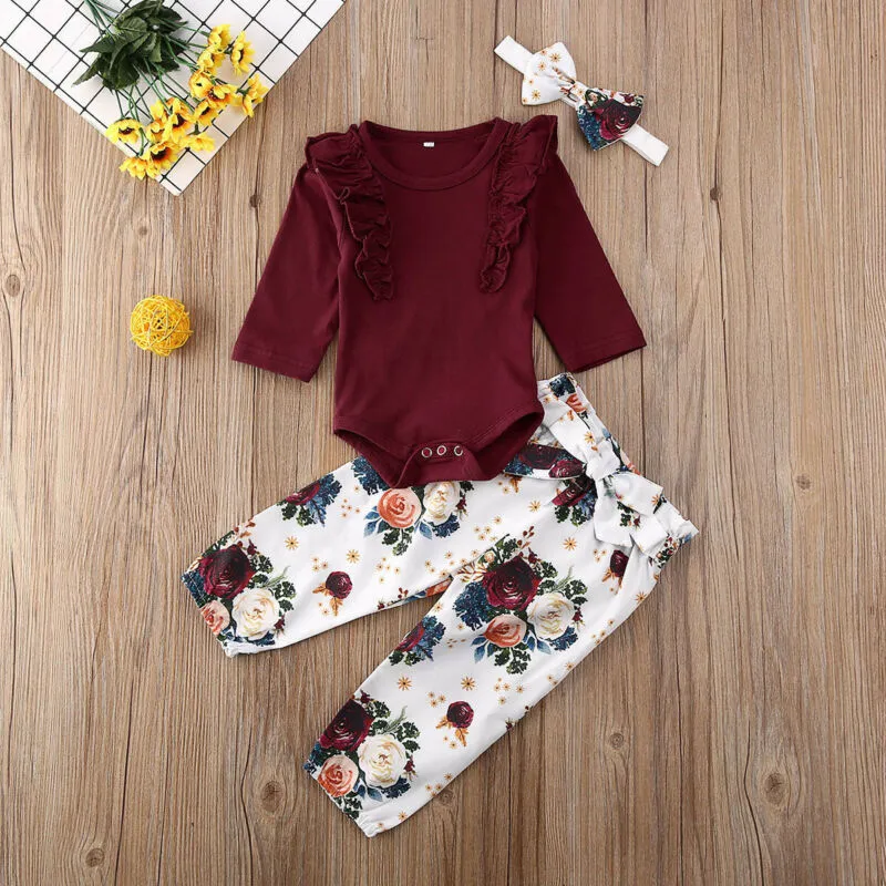 幼児の女の子の服花の幼児の赤ちゃん女の子服長袖ボディスーツ+花のズボン+綿のヘッドバンド3pcsの服装