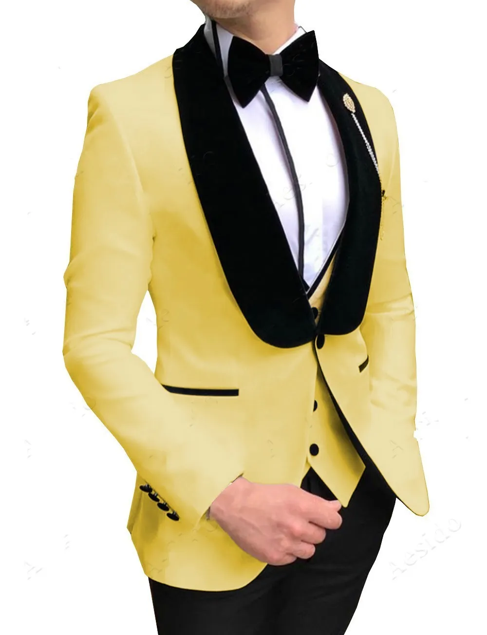 Mode gul brudgum tuxedos svart velvet lapel män bröllop tuxedos män jacka blazer utmärkt 3 stycken kostym (jacka + byxor + slips + väst) 826