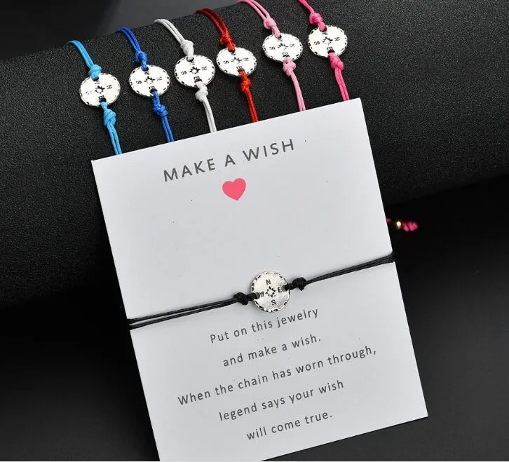 NEW Make A Wish card adjustable bracelet compass charms pendant romantic 7 colors rope chain Bracelet women