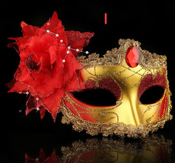 2019 Novo Exquisite Rhinestone Máscara de Couro Masquerade Máscara Do Partido Do Dia Das Bruxas Lado da flor da flor do grânulo apontou máscara 7 Cor