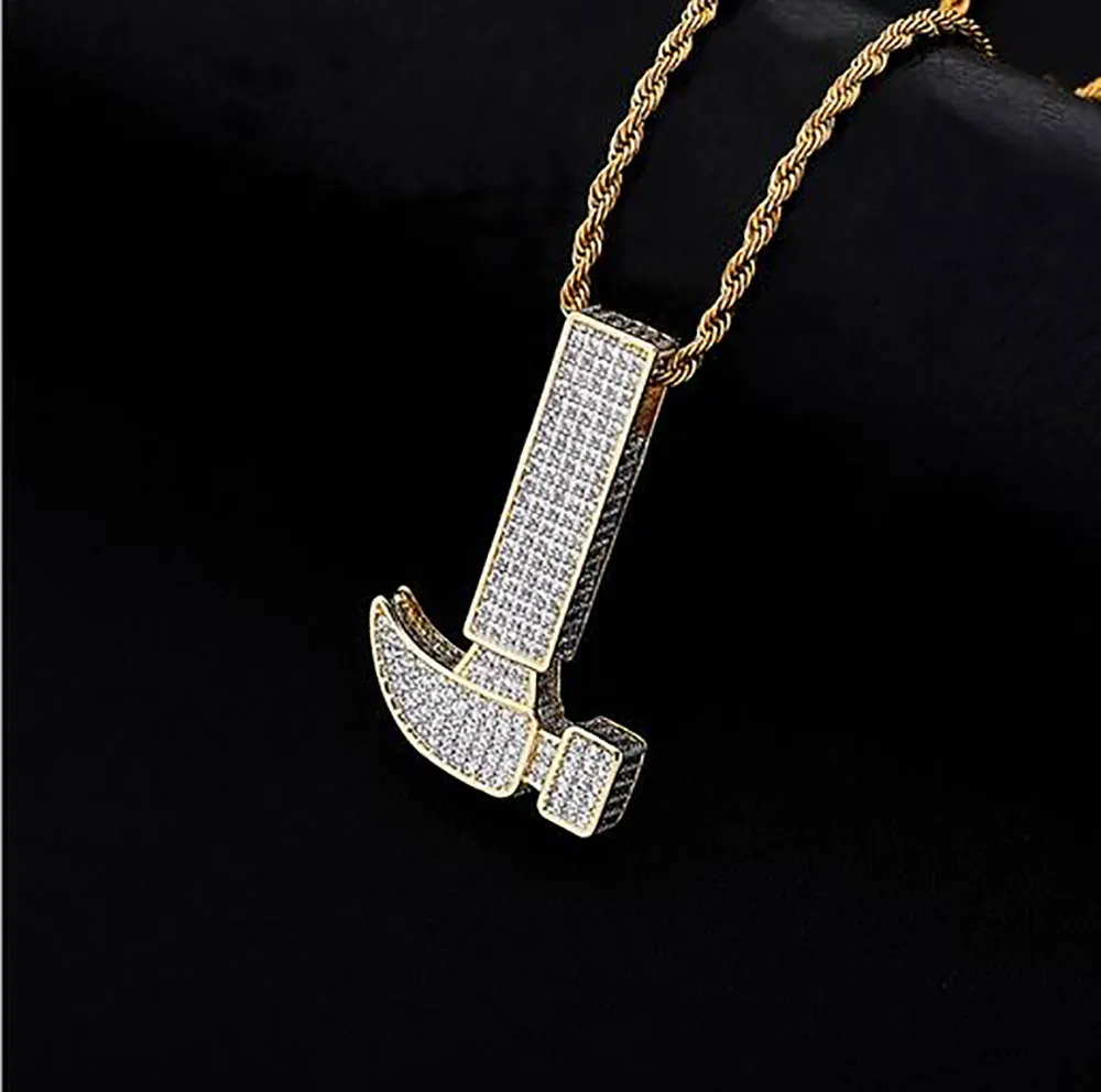 Iced Out Hammer Pendant Necklace Bling Micro Pave Cubic Zirconia Simulated Diamonds med 3mm 24 -tums kubansk kedja