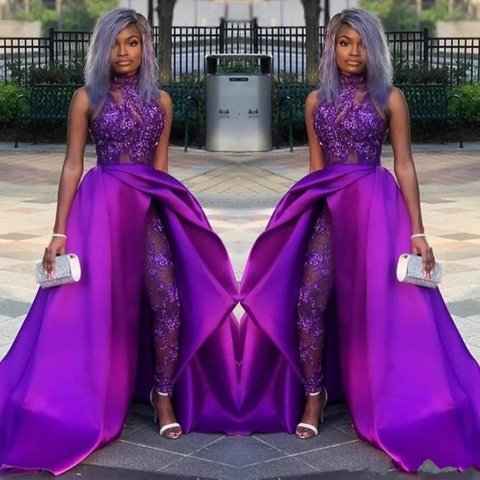 2019 schwarz Mädchen Overalls Prom Kleider Abnehmbare Zug High Neck Spitze Applizierte Perlen Abendkleider Luxus Afrikanische Partei Frauen Hosenanzüge