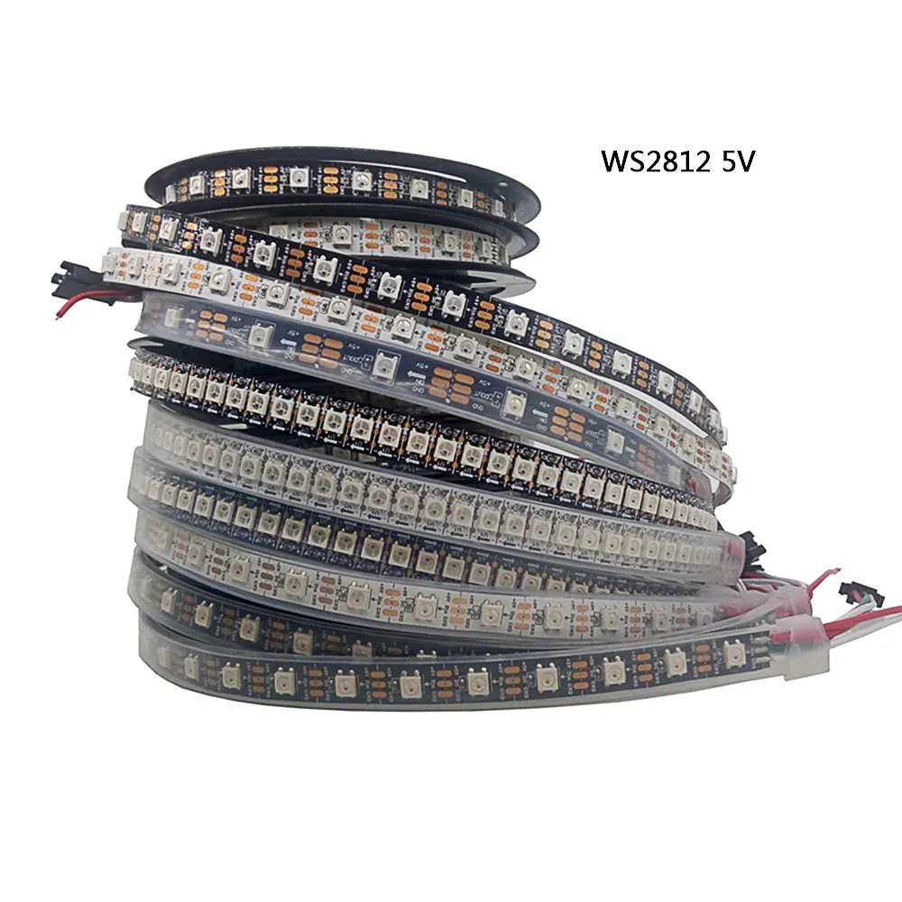 5 м WS2812B светодиодные полосы 30/48/60/144 пикселей/светодиодов/м смарт RGB светодиодная лента черный/белый печатной платы IP30 по/65/67 силы DC5V WS2812 светодиодные полосы