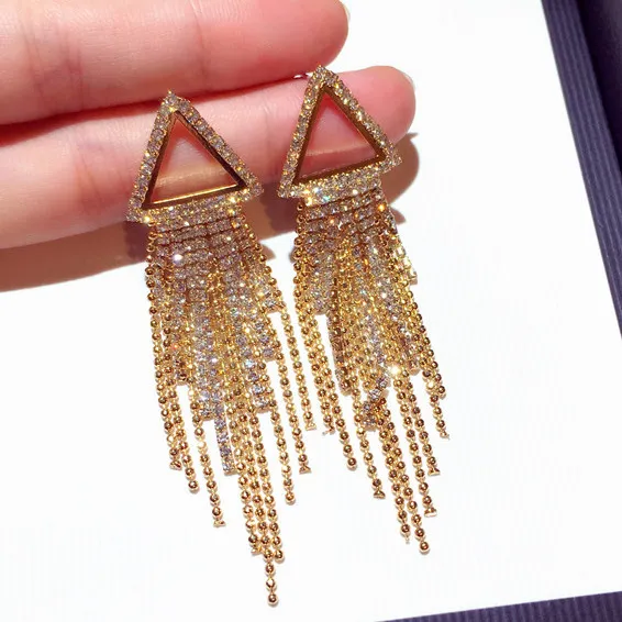 new ins fashion designer luxury super glittering long tassel diamond rhinestone dangle chandelier stud earrings jewelry for woman girls