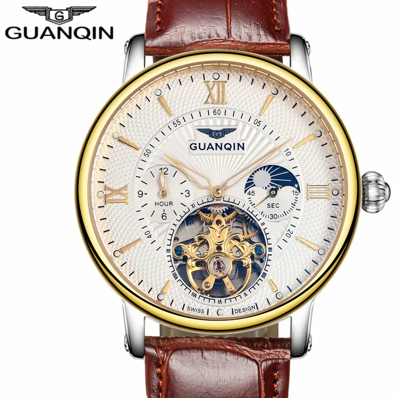 Guanqin Luxury Top Märke Tourbillon Skelett Armbandsur Men Fashion Casual Leather Automatisk Mekanisk Klocka Relogio Masculino