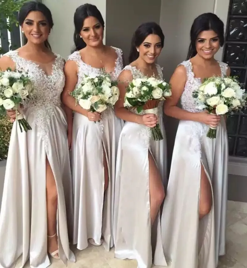 Spring 2020 New Bridesmaid Gown Dress Adult Scoop Neck Capped Sleeves Lace Bodice Imitated Silk Like Satin Sexy Split Wedding Party Dresses