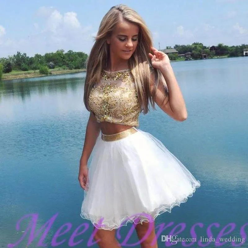 2019 Fashion White and Gold Beaded Two Pieces Short Homecoming Dress A-Line Sweet 15 Graduation Cocktail Party Dress Plus Size Custom Made