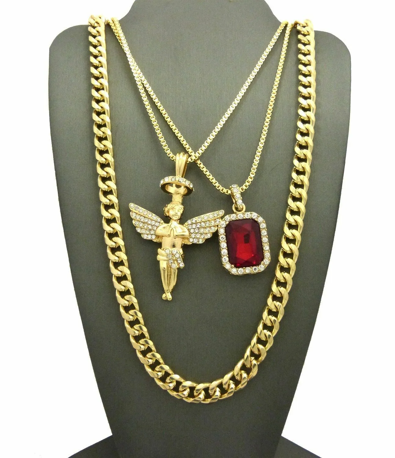 NOUVEL ANGE GLACÉ, RUBIS ROUGE, PENDENTIF AVEC BOÎTE COLLIER DE CHAÎNE CUBAIN 3PCS Ensemble de bijoux Accessoires de rappeur