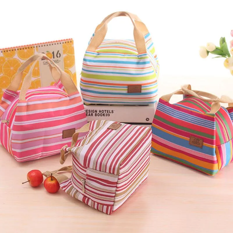 Striped Lunch Bags Insulated Thermal Stripe Tote Bags Campus Picnic Food Lunch Bags Food Storage Box Women Students Tote LX8751