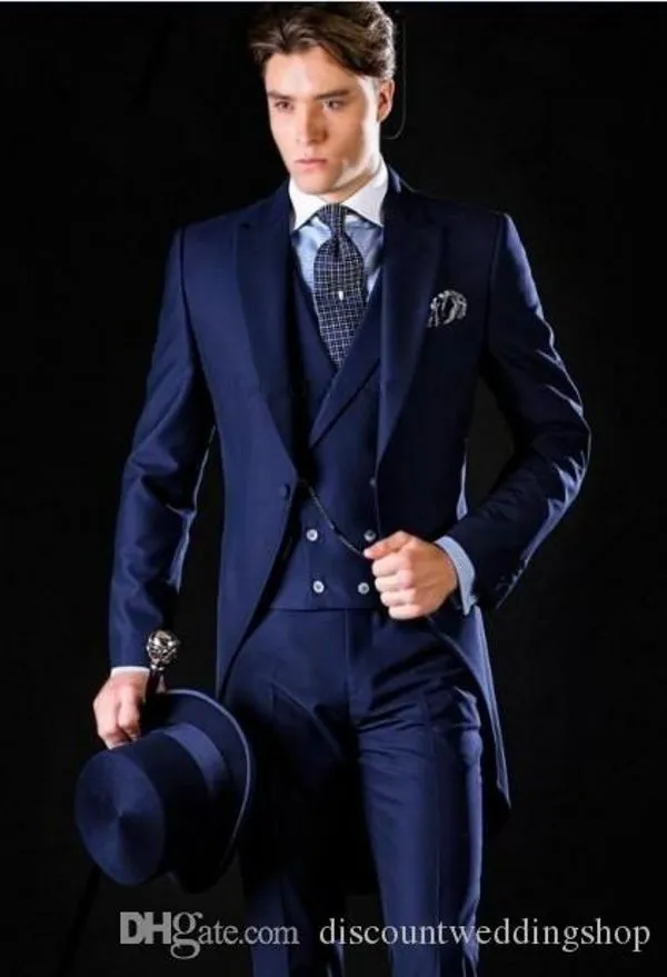 Smoking da sposo stile mattutino blu risvolto a punta uomo abito da lavoro abito da ballo blazer abiti da festa (giacca + pantaloni + gilet + cravatta) J678