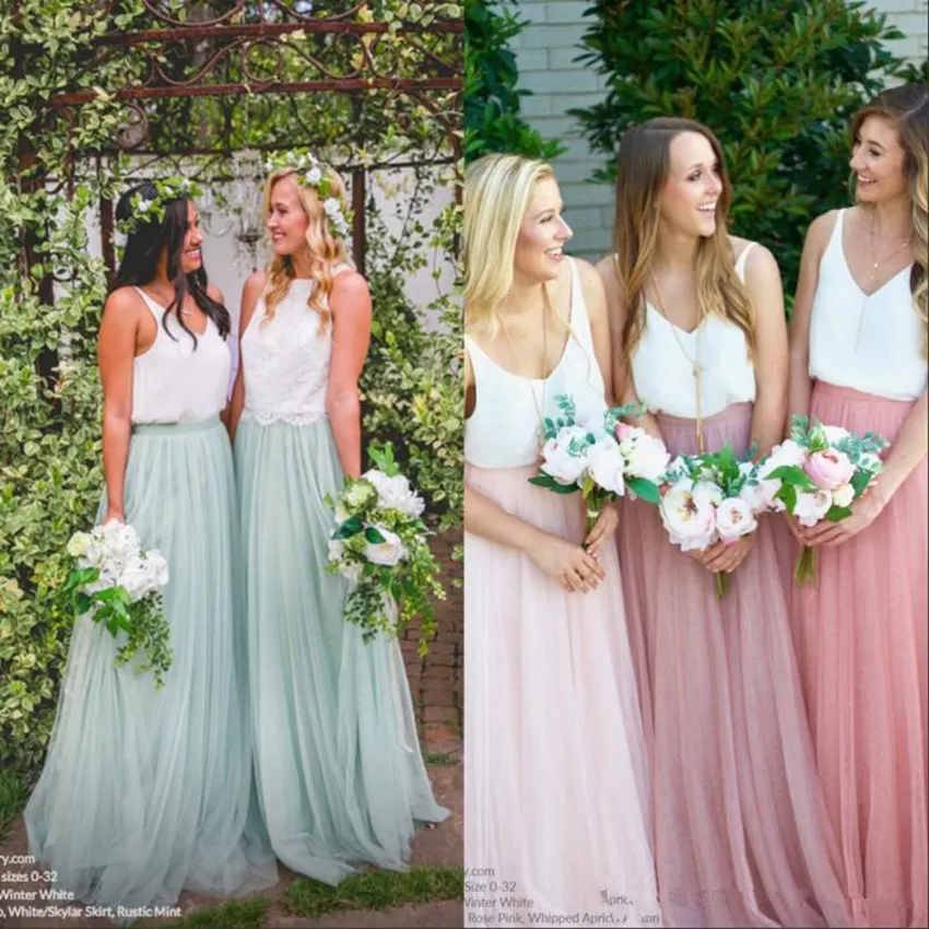 2020 New Boho Long Soft Tulle Skirts Lace Top Bridesmaid Dresses V Neck A Line Country Cheap Maid Of Honor Mint Party Prom Gowns 4619