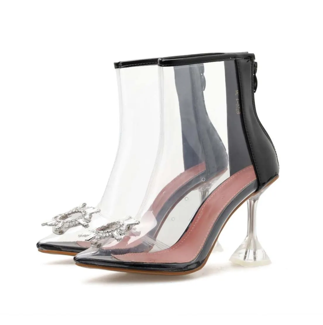 상자 블랙 실버 라인 스톤 발목 옷 명확한 PVC 투명 높은 발 뒤꿈치 디자이너 부츠 신부의 웨딩 신발