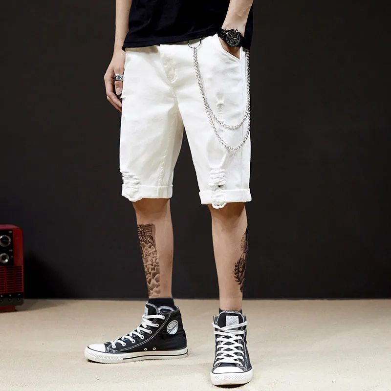 Fashion-japonês jeans homens designer jeans verão high street caverna-ruptura mendigos vento retrô cinco divisão denim branco