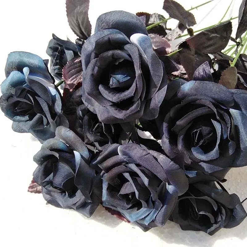 Künstlicher schwarzer Rosenstrauß aus Seide, echte Haptik, künstliche Blume, Halloween, schwarz, einzelner Zweig, Zuhause, Hochzeit, Party, Dekoration
