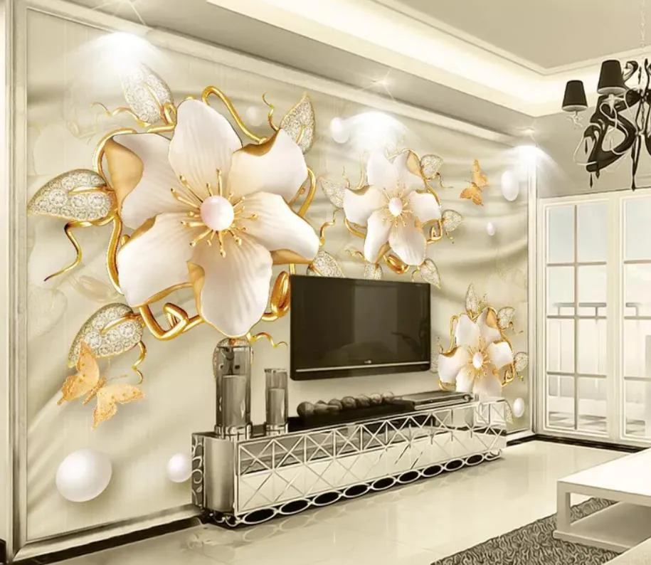 Tapeten Wohnkultur Designer moderne Wohnzimmer Tapeten 3D Luxus goldene Juwelen Blume Seide Schmuck TV Hintergrundwand