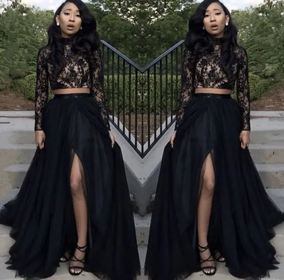 2019 New Two-Piece Evening Dresses Sexy Front Split Prom Gowns With Long Sleeve Lace Tulle Celebrity Formal Wear Black Girl Couple Day