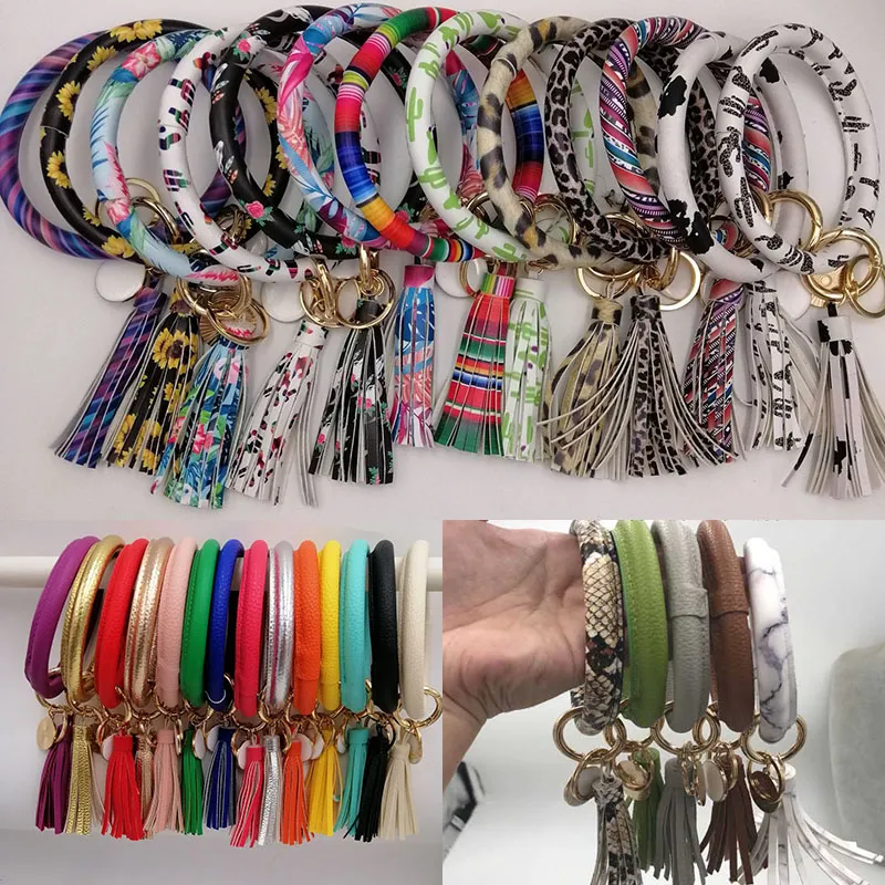 Fashion Pu Leather Tassel Bangle Keychain Bracelet Key Ring Round Sunflower Leopard Cactus Solid Keyring Pendant Gifts WX9-1649