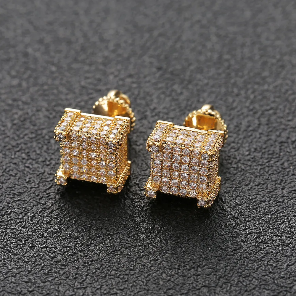 Stud Hip Hop Earrings for Men Gold Silver Iced Out CZ Square Stud Earring With Screw Back Jewelry J230717