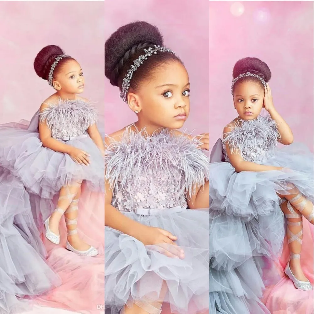 Gris Princesse Fleur Filles Robes Tulle Dentelle Appliques Plume Sans Manches Haute Basse Longueur À Niveaux Pas Cher Anniversaire Enfant Fille Pageant Robes