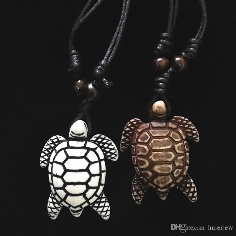 Carved Bone Turtle Necklace On Adjustable Rope Necklace