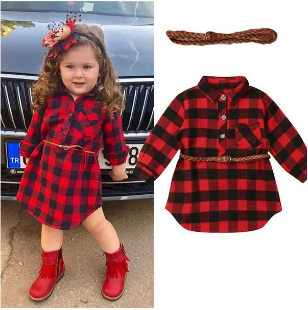 Rotes Büffelkaro-Kleid für Babys, Neugeborene, Kleinkinder, Mädchen, Prinzessinnenkleid, rot kariertes Hemdkleid mit Gürtel, Outfits, Kinderkleider