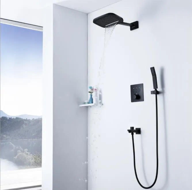 Sistema de ducha negro, juego completo de grifo de ducha de lluvia con  ducha de mano, accesorio de ducha de lluvia montado en la pared con kit de  mano