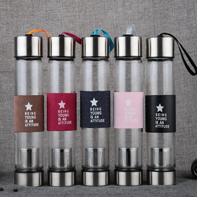 20pcs/lot 450ML Business Type Water Bottle Glass Bottle with Stainless Steel Tea Infuser Filter Glass Sport Water Tumbler